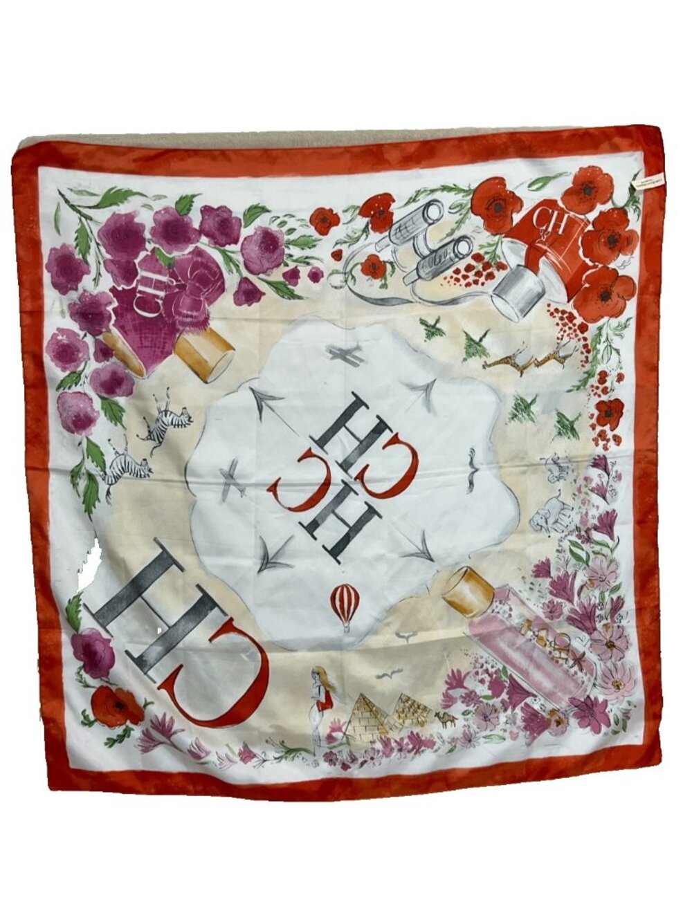 Carolina Herrera CH Fragrance Floral Pattern Scarf Polyester Red Orange 34 x 34 - Picture 4 of 4